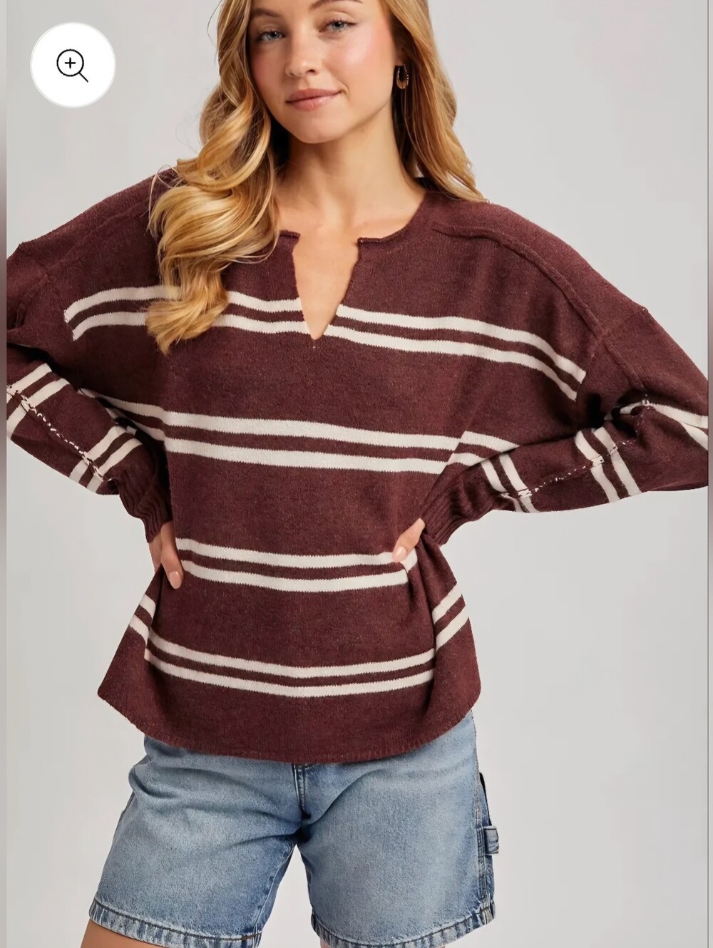 Bluivy Notch-Neck Striped Knit Sweater - Picture 2 of 9